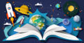 Graphic of open book with space-related items flying out