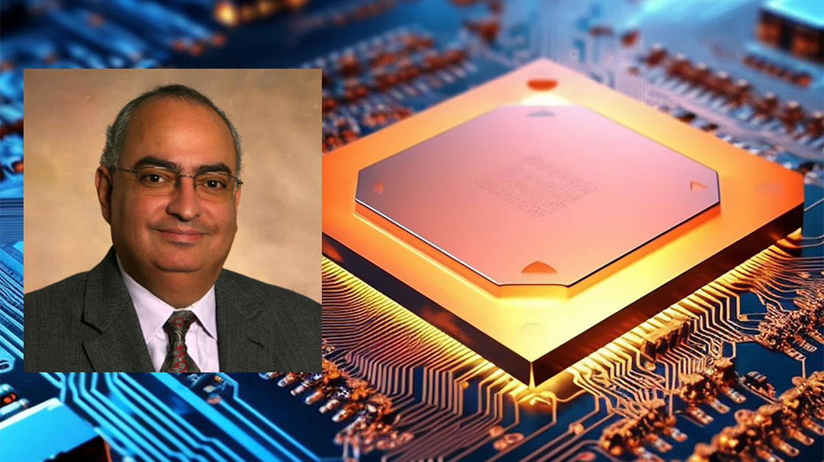 Ashraf Bastawros profile photo with generic microelectronic component graphic