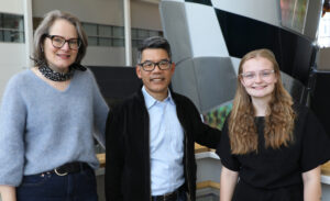 Pollmeier scholarship recipient Kayla Oftedahl pictured with donors Richard and Barbara Bahning Chin in Howe Hall during a department ceremony.