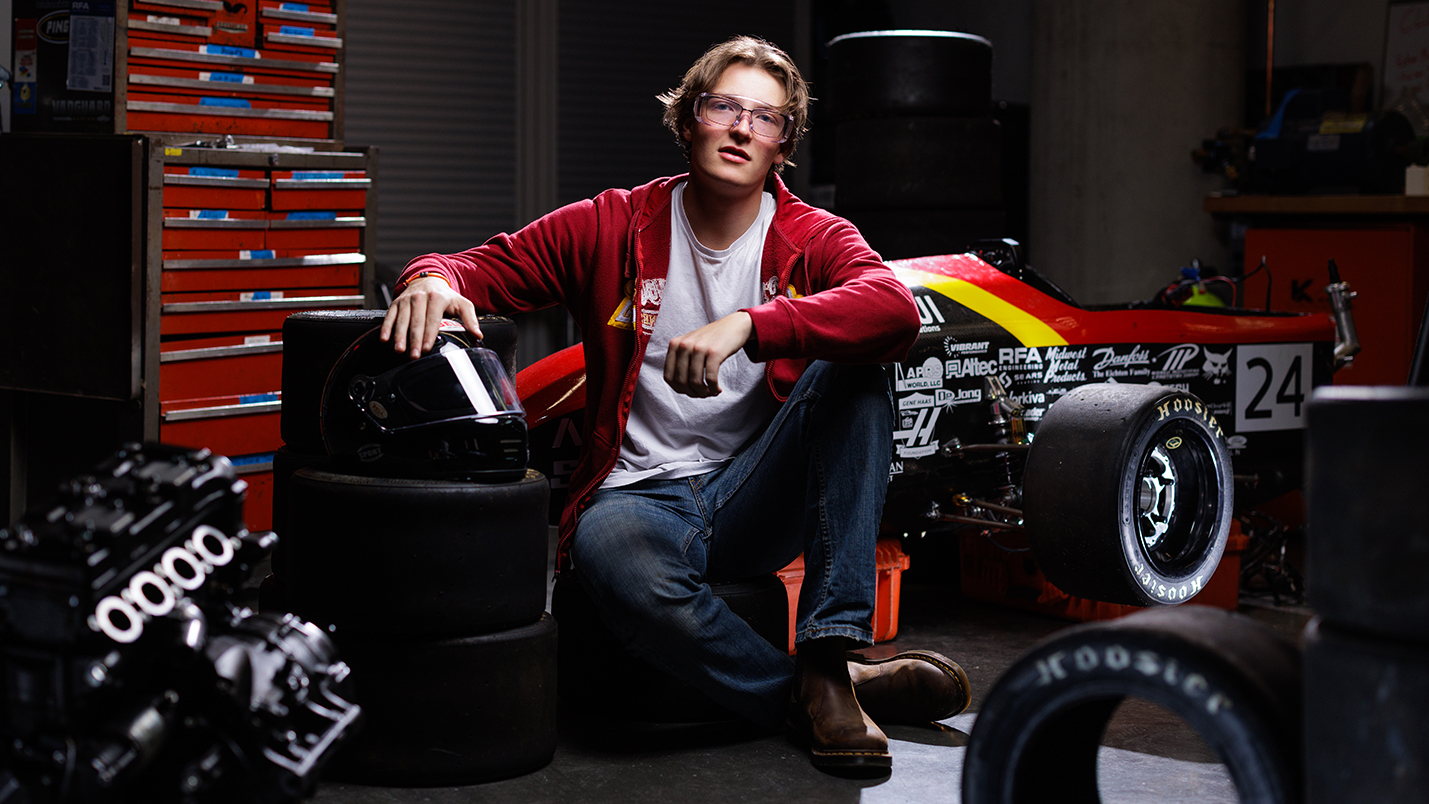 Erick Shoesmith works on the ISU Formula SAE vehicle.