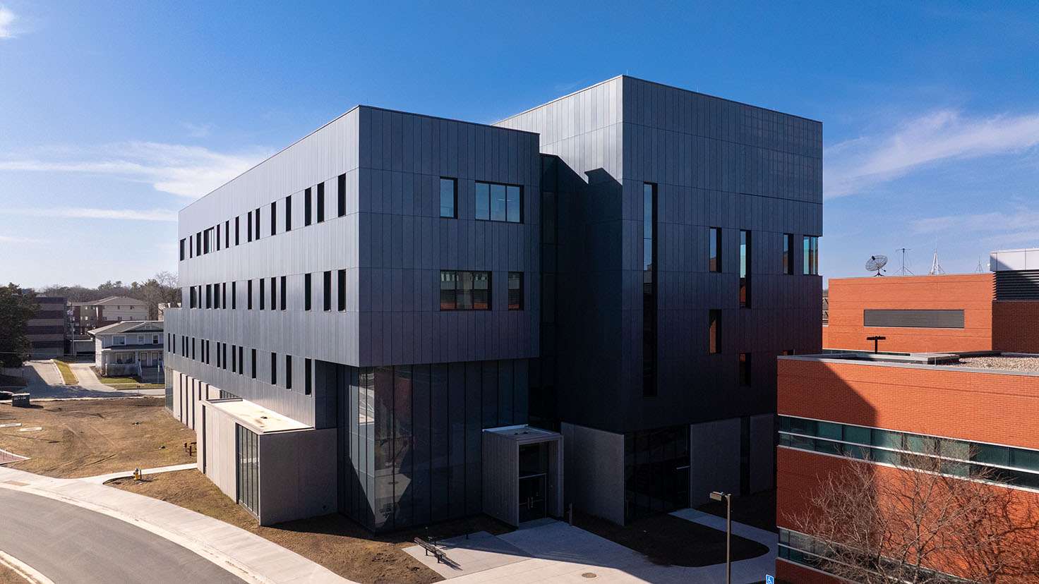 The Therkildsen Industrial Engineering Building is shown in a drone photo.