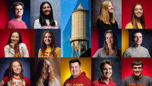 Portraits of outstanding seniors surround a photograph of the Marston Water Tower reflected in the windows of the Student Innovation Center building. Pictured from top left: Christopher Martin, Nisha Raj, Allison Hubbell, Elena Knops, Caitlin Agabin, Madalyn Moline, Cynnava McAvoy, Sam Burns, Juliana Johnson, Sarah Stewart, Matthew Greer, Joseph Krejchi, Michael Britten.