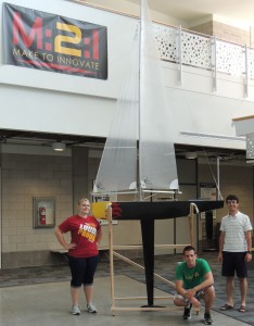 Three members of the 2012-2013 Autonomous Sailboat Team. The team is part of the aerospace department's Make to Innovate (M:2:I) program. From left: Sarah Niles, Jordan Schlak, and Evan McCaw.